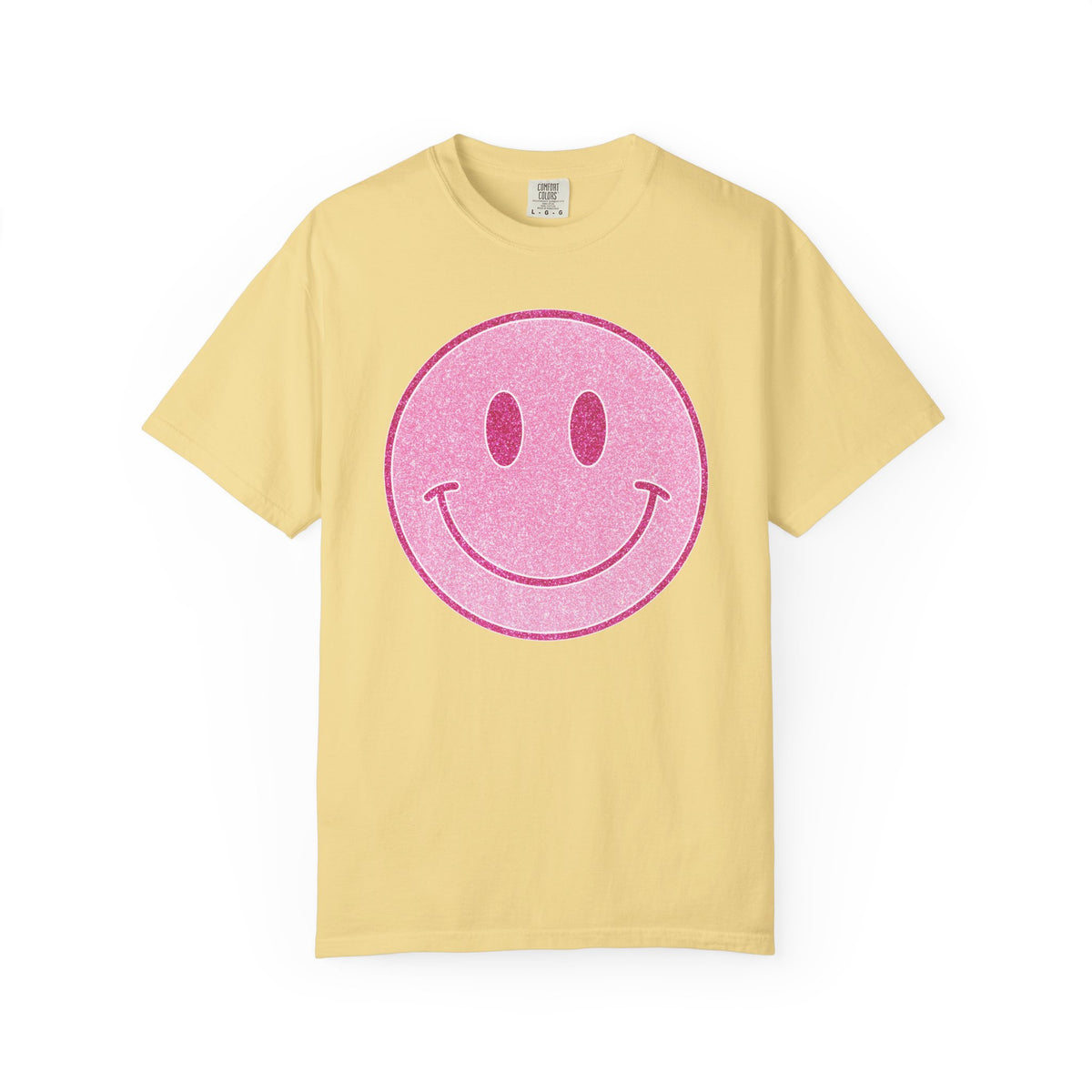 Faux Glitter Smiley - Comfort Colors | Trendy Women's T-Shirt. Direct to Garment. Printed & Shipped in the USA. Unisex Sizes.