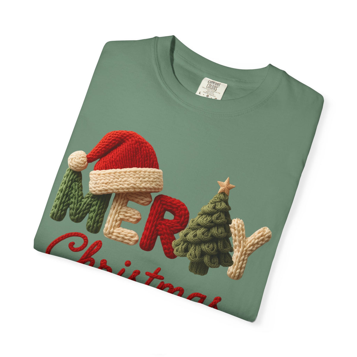 Merry Christmas Faux Yarn w/Santa Hat & Tree - Comfort Colors | Trendy Women's T-Shirt. Direct to Garment. Printed & Shipped in the USA. Unisex Sizes.