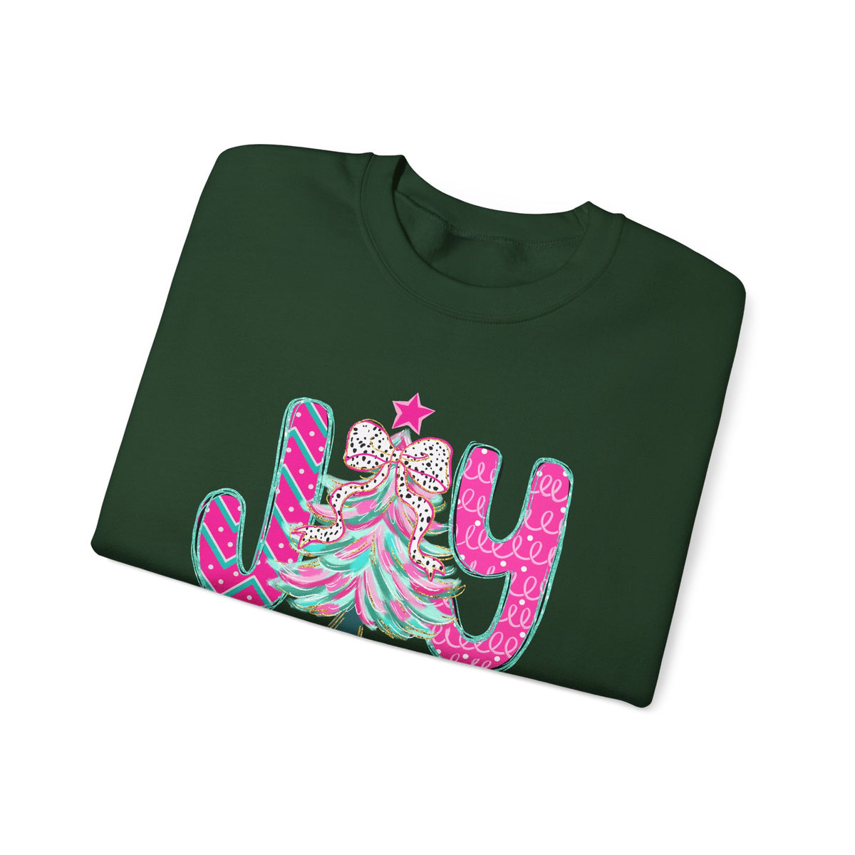 Joy to the World w/Christmas Tree Pink and Teal – Gildan Heavy Blend | Trendy Women’s Soft Sweatshirt. Direct to Garment. Printed & Shipped in the USA. Unisex Sizes.