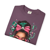 Nurse Life Messy Bun, Cute Stethoscope & Syringe - Comfort Colors | Trendy Women's T-Shirt. Direct to Garment. Printed & Shipped in the USA. Unisex Sizes.