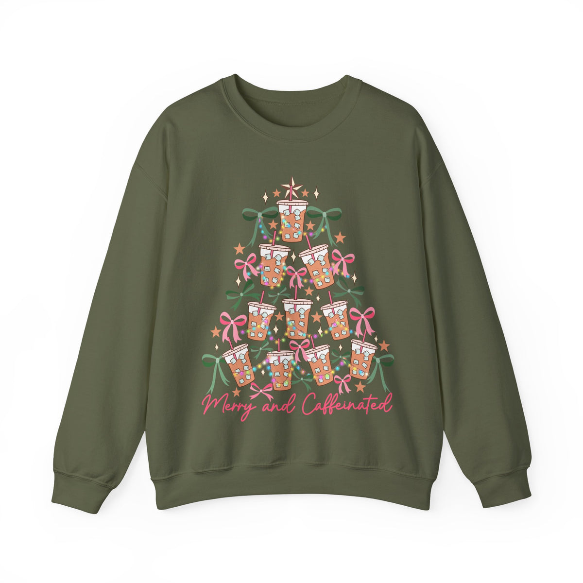 Merry and Caffeinated Iced Coffee Christmas Tree – Gildan Heavy Blend | Trendy Women’s Soft Sweatshirt. Direct to Garment. Printed & Shipped in the USA. Unisex Sizes.