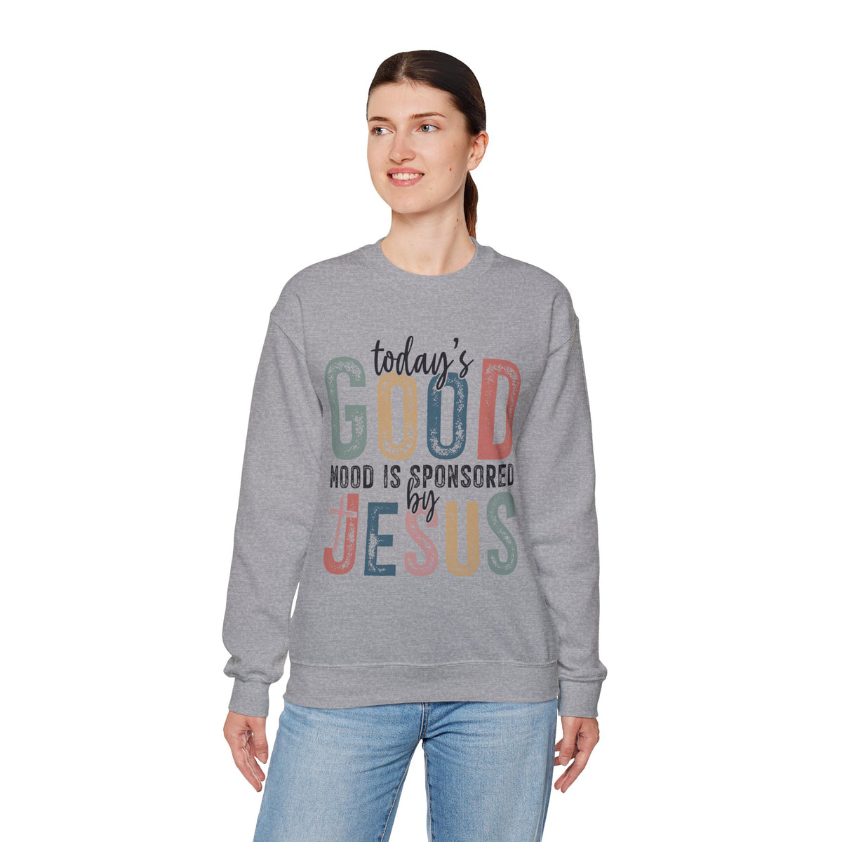 Today's Good Mood Sponsored By Jesus, Christian, Faith – Gildan Heavy Blend | Trendy Women’s Soft Sweatshirt. Direct to Garment. Printed & Shipped in the USA. Unisex Sizes.