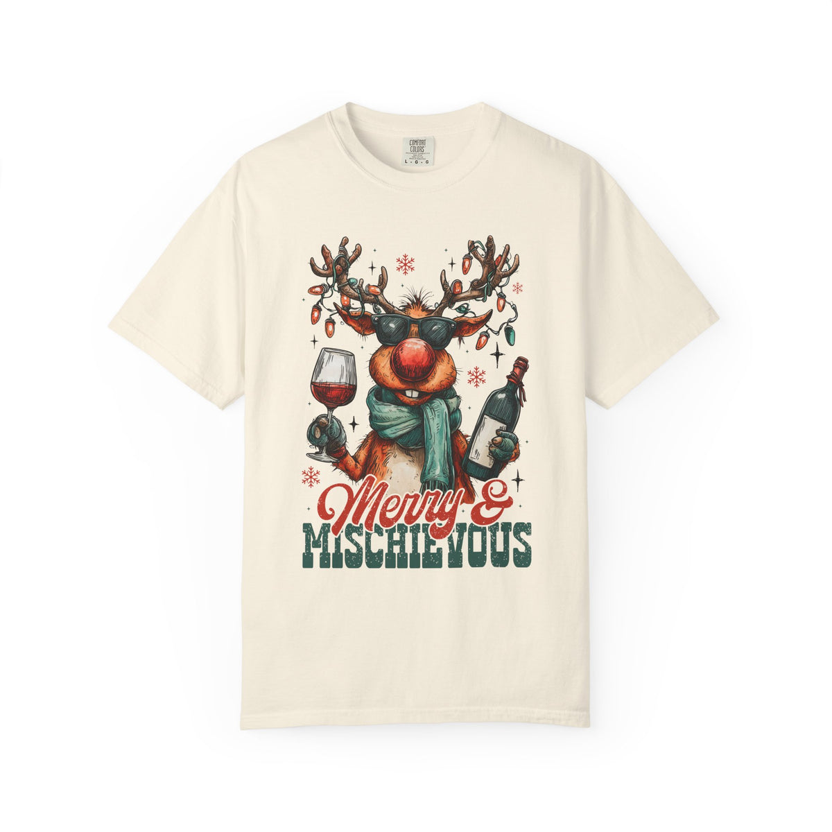 Merry & Mischievous Reindeer - Comfort Colors | Trendy Women's and Men's T-Shirt. Direct to Garment. Printed & Shipped in the USA. Unisex Sizes.