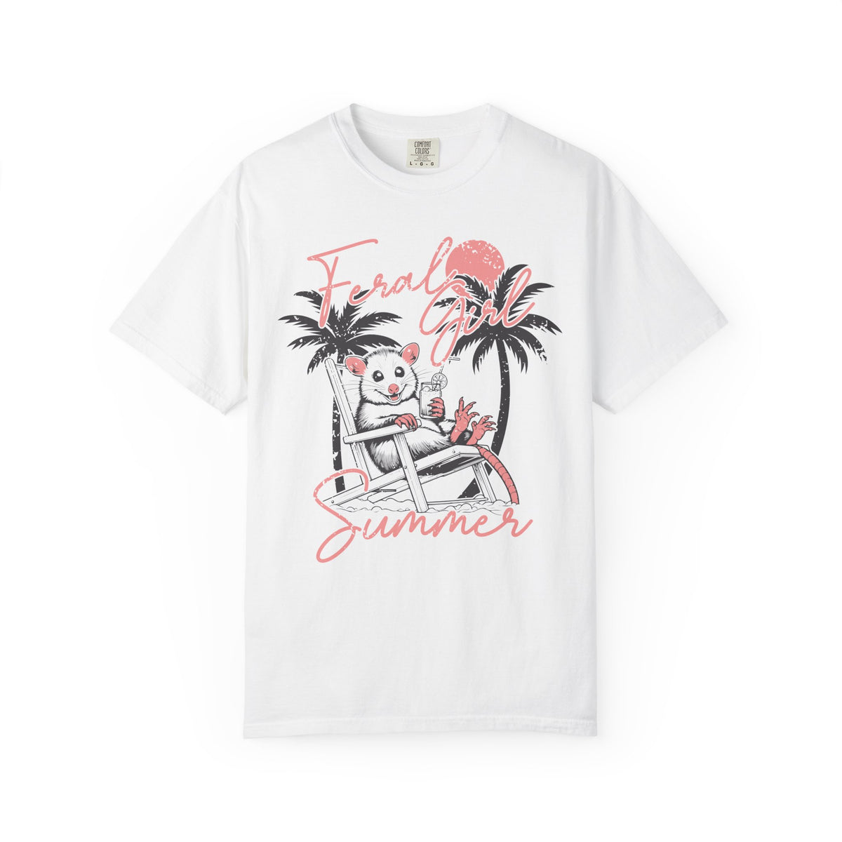 Feral Girl Summer, Possum on a Beach - Comfort Colors | Trendy Women's T-Shirt. Direct to Garment. Printed & Shipped in the USA. Unisex Sizes.