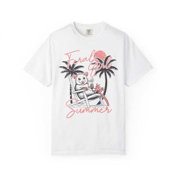 Feral Girl Summer, Possum on a Beach - Comfort Colors | Trendy Women's T-Shirt. Direct to Garment. Printed & Shipped in the USA. Unisex Sizes.