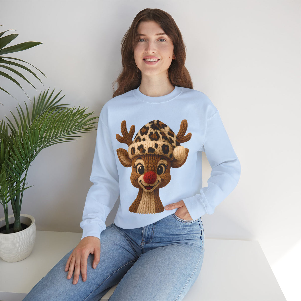 Rudolph Reindeer Leopard Santa Hat Christmas – Gildan Heavy Blend | Trendy Women’s Soft Sweatshirt. Direct to Garment. Printed & Shipped in the USA. Unisex Sizes.