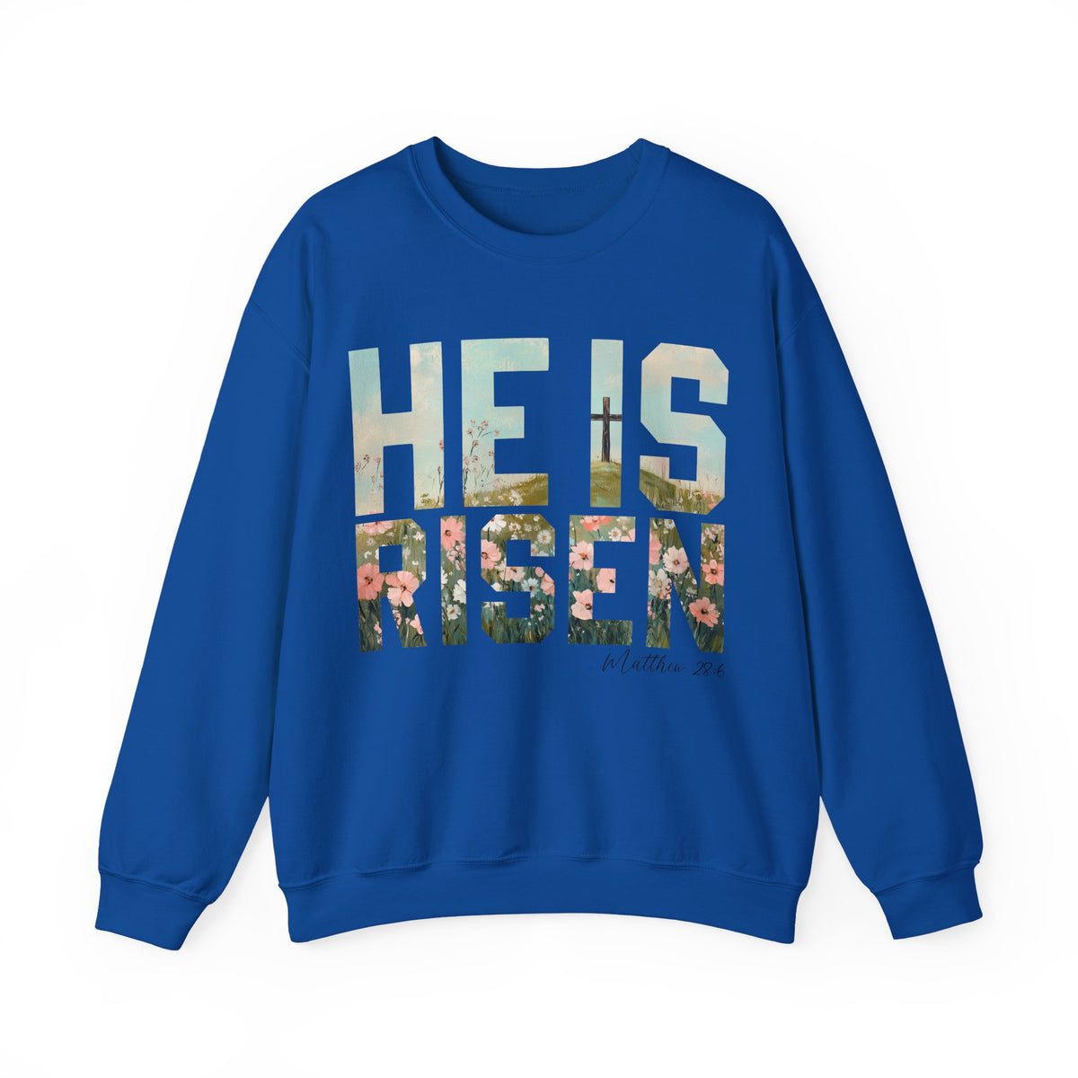 He Is Risen, Christian Floral Easter – Gildan Heavy Blend | Trendy Women’s Soft Sweatshirt. Direct to Garment. Printed & Shipped in the USA. Unisex Sizes.