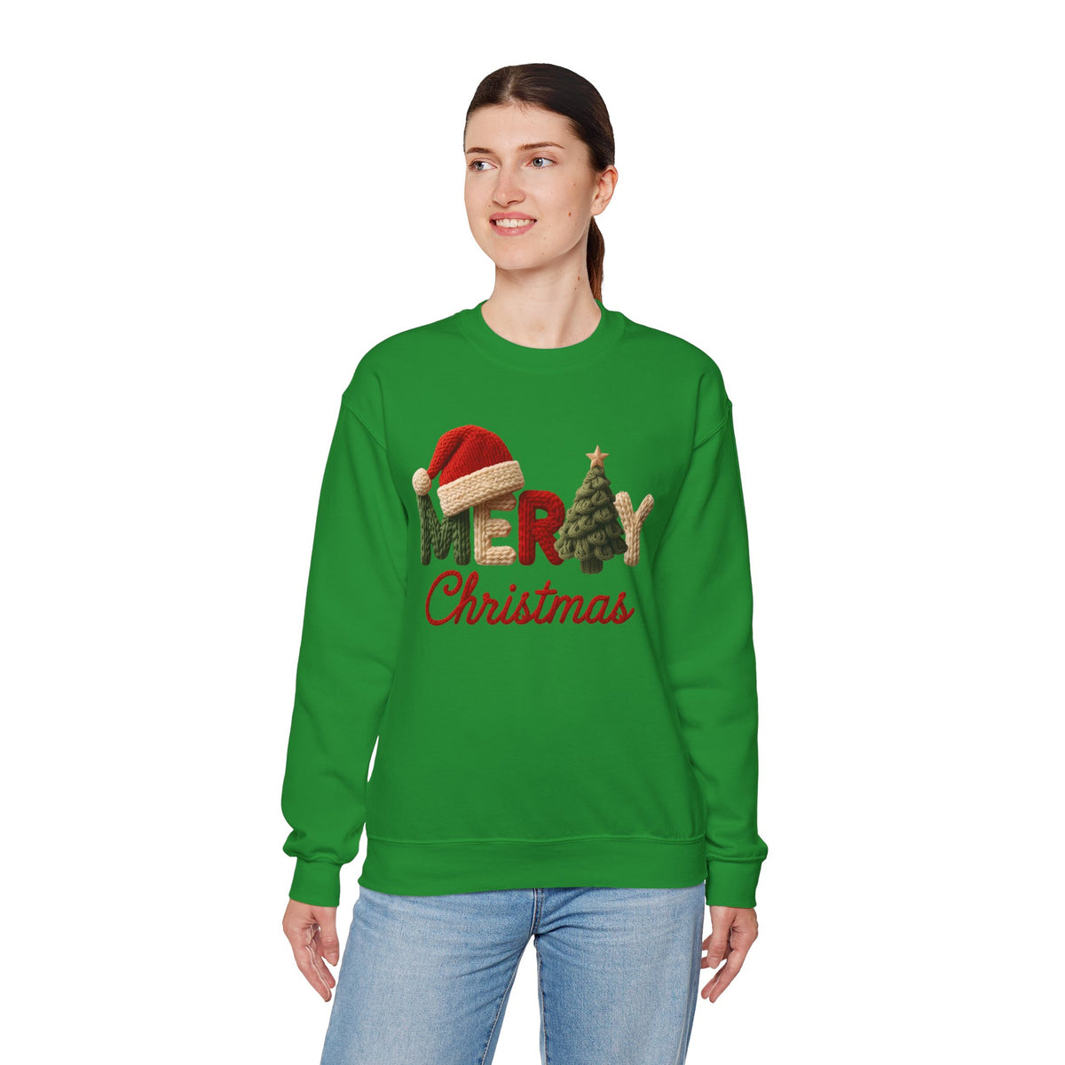 Merry Christmas Faux Yarn w/Santa Hat & Tree – Gildan Heavy Blend | Trendy Women’s Soft Sweatshirt. Direct to Garment. Printed & Shipped in the USA. Unisex Sizes.