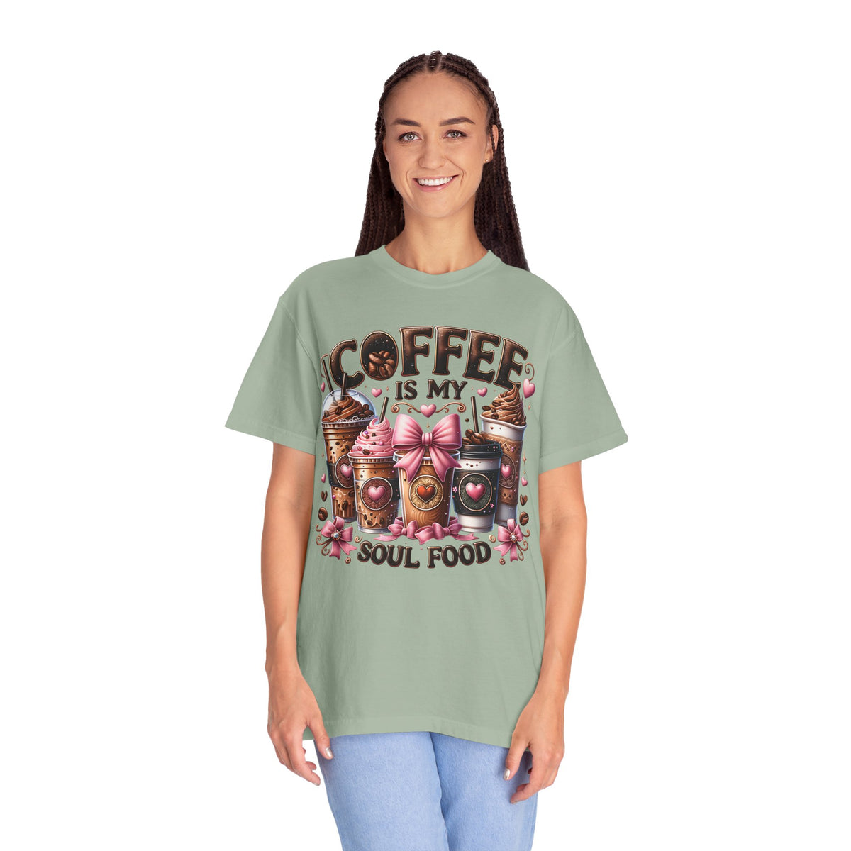 Coffee Is My Soul Food, Iced Coffee, Pink Bow - Comfort Colors | Trendy Women's T-Shirt. Direct to Garment. Printed & Shipped in the USA. Unisex Sizes.