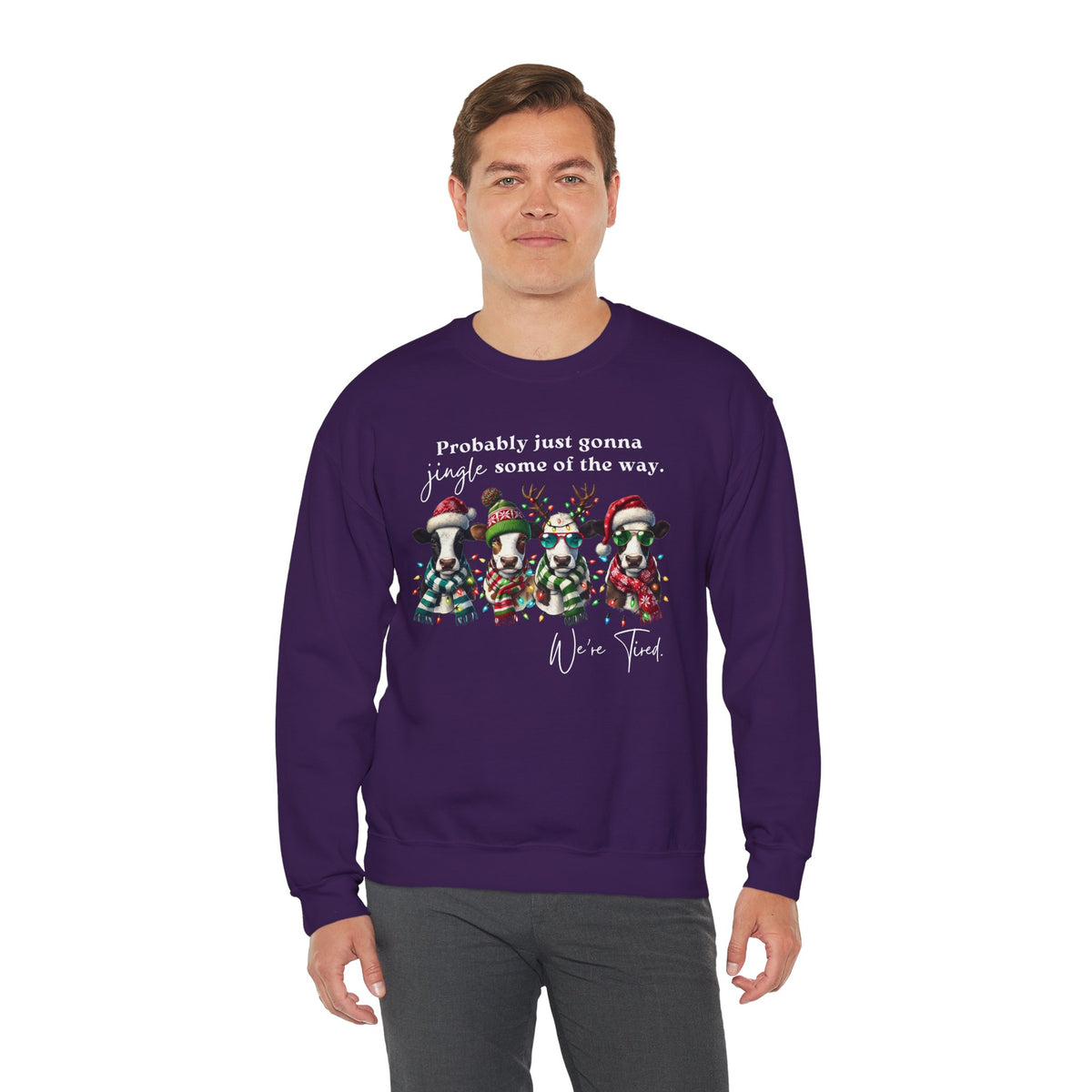 Christmas Cows - Probably Just Gonna Jingle Some Of The Way – Gildan Heavy Blend | Trendy Women’s and Men's Soft Sweatshirt. Direct to Garment. Printed & Shipped in the USA. Unisex Sizes.