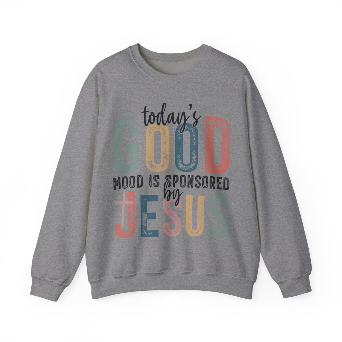 Today's Good Mood Sponsored By Jesus, Christian, Faith – Gildan Heavy Blend | Trendy Women’s Soft Sweatshirt. Direct to Garment. Printed & Shipped in the USA. Unisex Sizes.