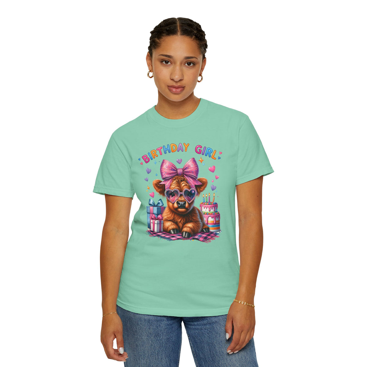 Birthday Girl, Highland Cow - Comfort Colors | Trendy Women's T-Shirt. Direct to Garment. Printed & Shipped in the USA. Unisex Sizes.