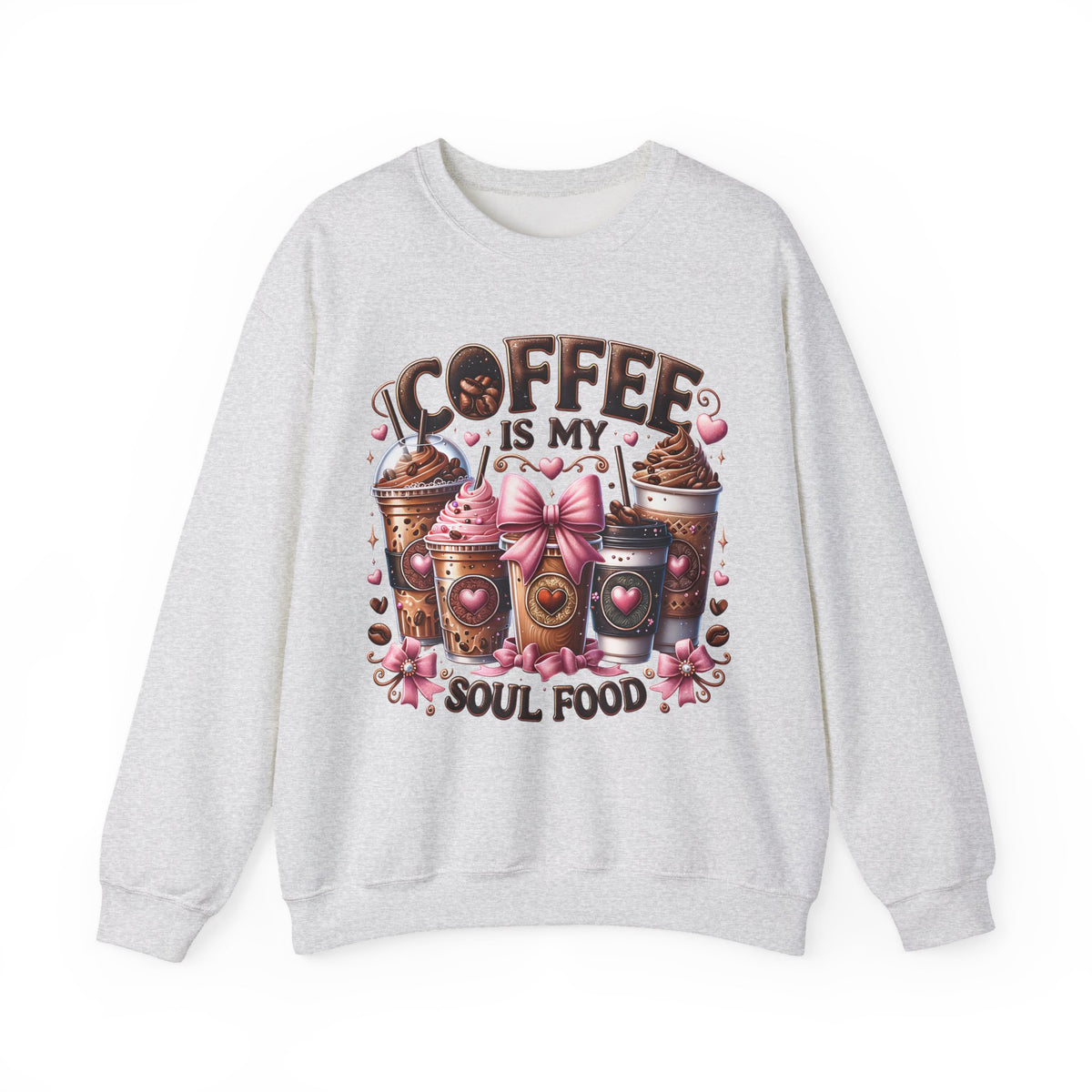 Coffee Is My Soul Food, Iced Coffee, Pink Bow – Gildan Heavy Blend | Trendy Women’s Soft Sweatshirt. Direct to Garment. Printed & Shipped in the USA. Unisex Sizes.