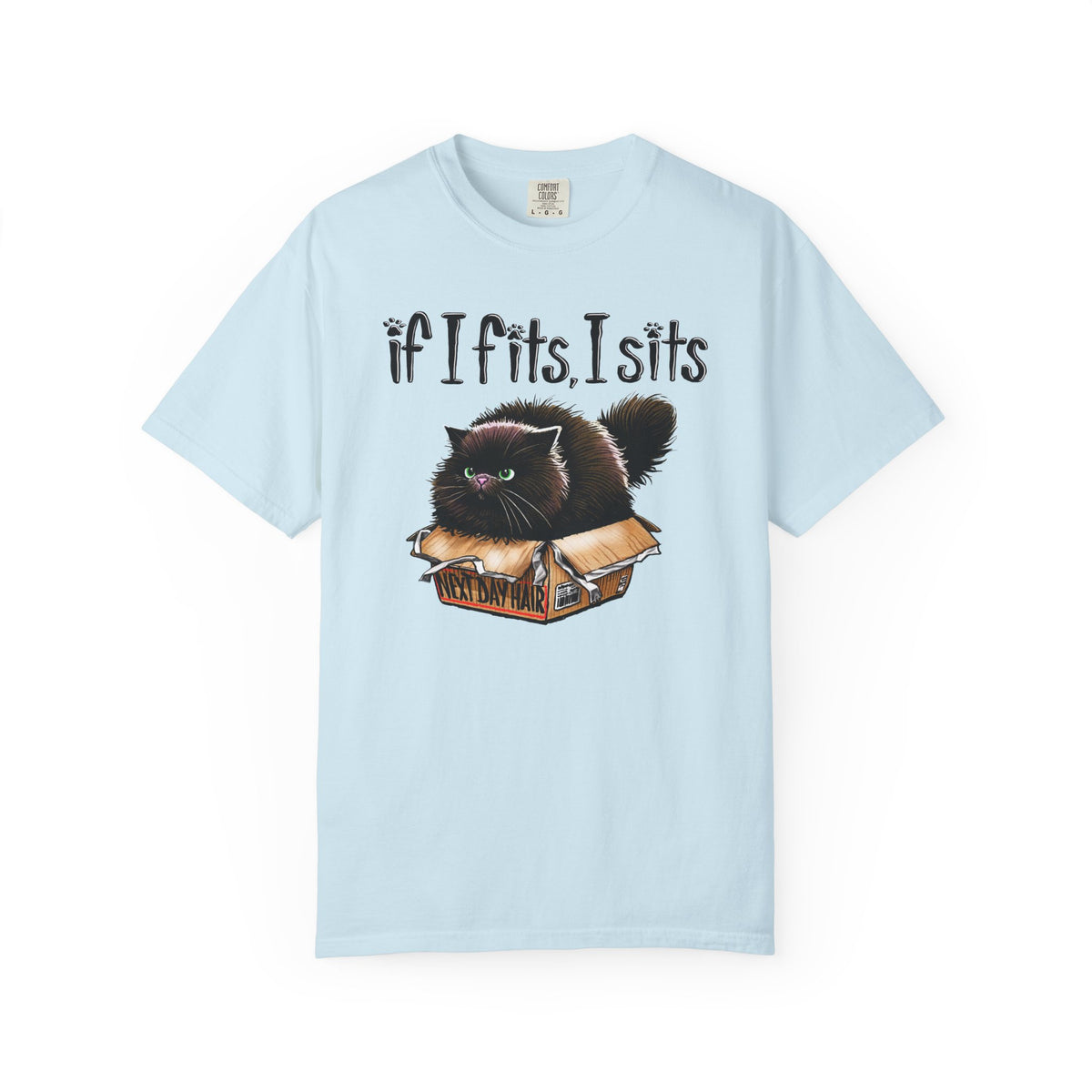 If I Fits I Sits, Cat in a Box - Comfort Colors | Trendy Women's and Men's T-Shirt. Direct to Garment. Printed & Shipped in the USA. Unisex Sizes.