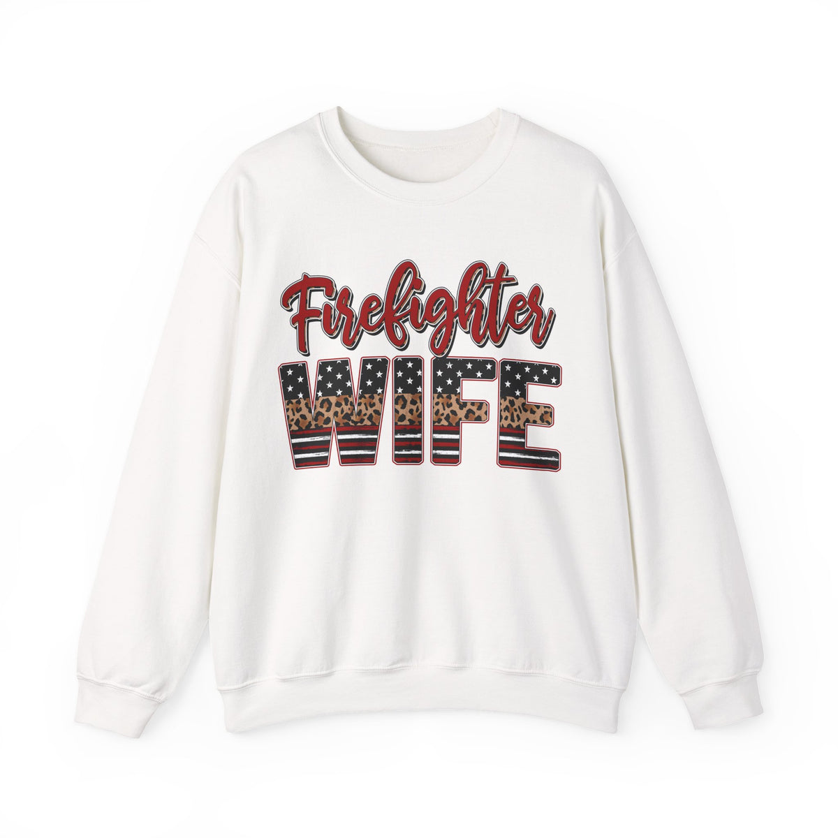 Firefighter Wife Patriotic Flag Lettering for Firefighter Spouse – Gildan Heavy Blend | Trendy Women’s Soft Sweatshirt. Direct to Garment. Printed & Shipped in the USA. Unisex Sizes.