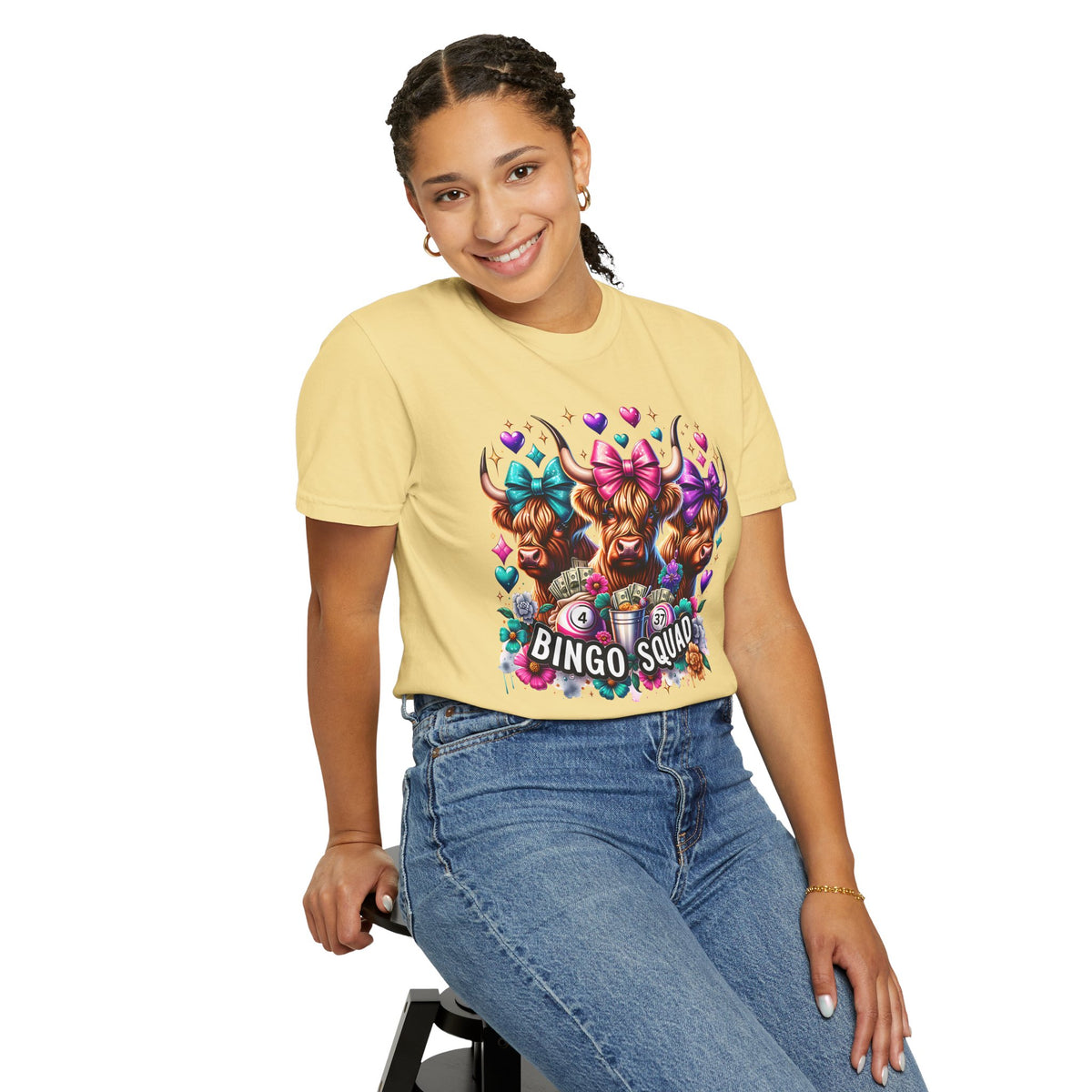 Cute Highland Cows Bingo Squad - Comfort Colors | Trendy Women's T-Shirt. Direct to Garment. Printed & Shipped in the USA. Unisex Sizes.