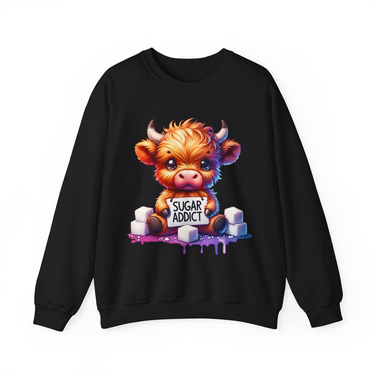 Sugar Addict Highland Cow – Gildan Heavy Blend | Trendy Women’s Soft Sweatshirt. Direct to Garment. Printed & Shipped in the USA. Unisex Sizes.