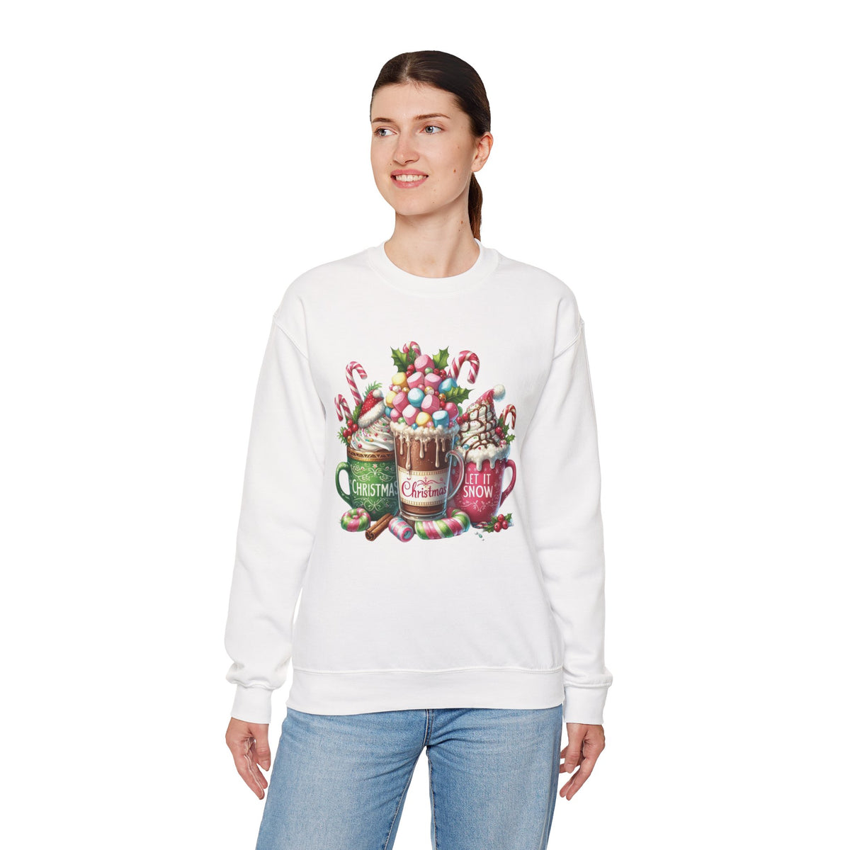 Hot Chocolate Mugs Christmas Hot Cocoa – Gildan Heavy Blend | Trendy Women’s Soft Sweatshirt. Direct to Garment. Printed & Shipped in the USA. Unisex Sizes.