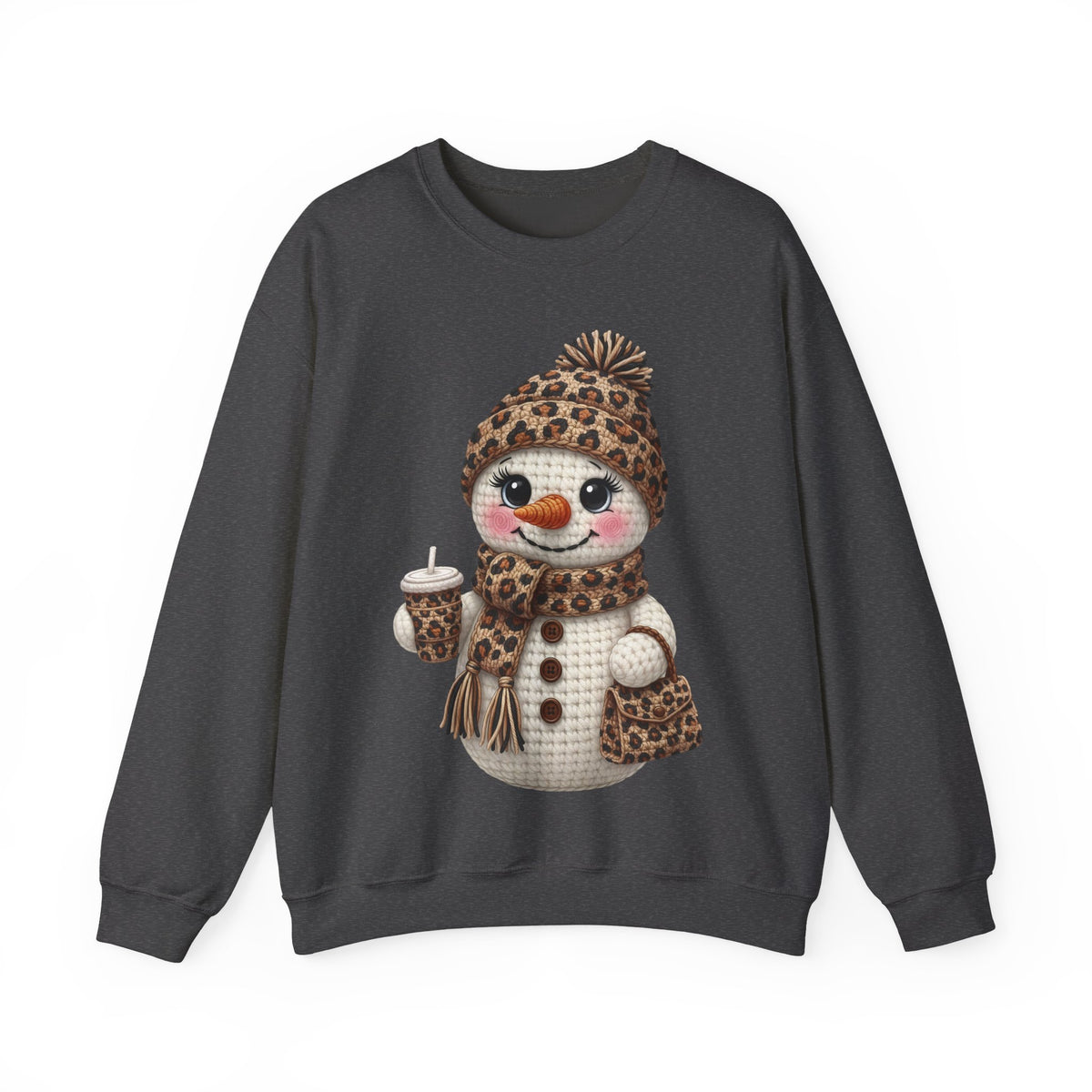Leopard Snowman - Leopard Purse, Drink, Hat & Scarf – Gildan Heavy Blend | Trendy Women’s Soft Sweatshirt. Direct to Garment. Printed & Shipped in the USA. Unisex Sizes.