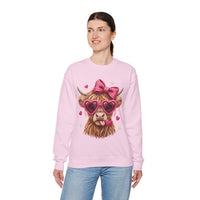 Highland Cow - Pink Heart Shaped Glasses – Gildan Heavy Blend | Trendy Women’s Soft Sweatshirt. Direct to Garment. Printed & Shipped in the USA. Unisex Sizes.