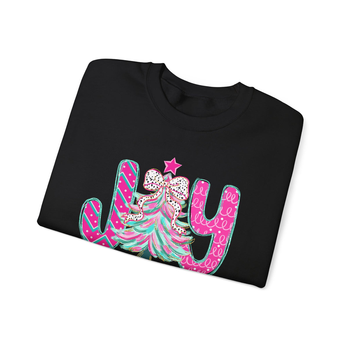Joy to the World w/Christmas Tree Pink and Teal – Gildan Heavy Blend | Trendy Women’s Soft Sweatshirt. Direct to Garment. Printed & Shipped in the USA. Unisex Sizes.
