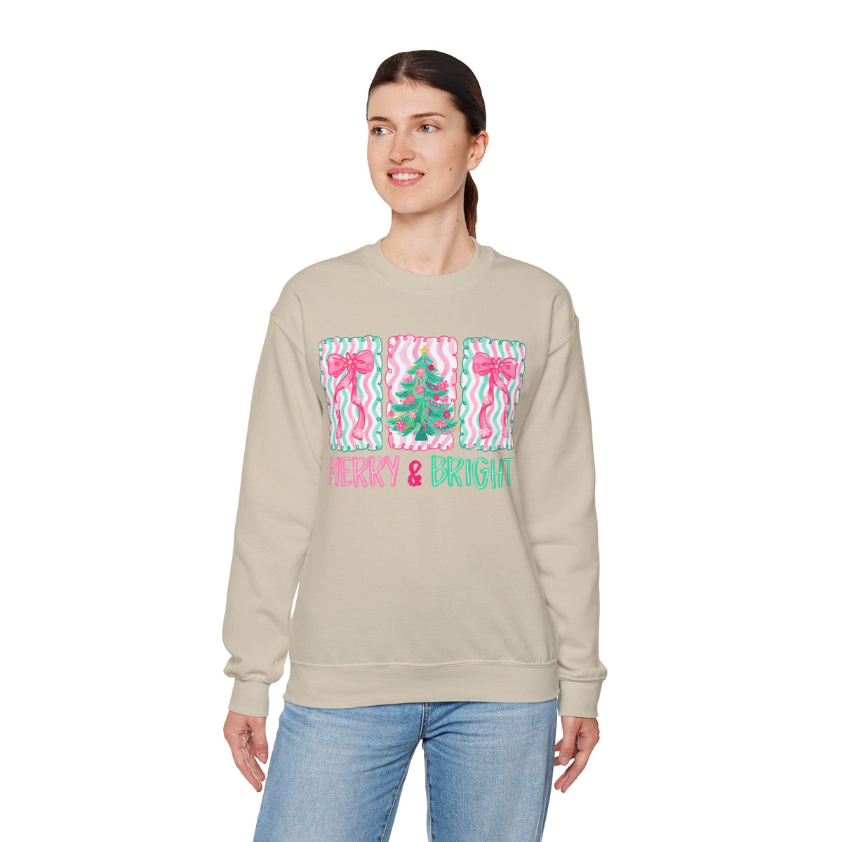 Merry & Bright Christmas - Pink & Green Holiday Tree Design – Gildan Heavy Blend | Trendy Women’s Soft Sweatshirt. Direct to Garment. Printed & Shipped in the USA. Unisex Sizes.