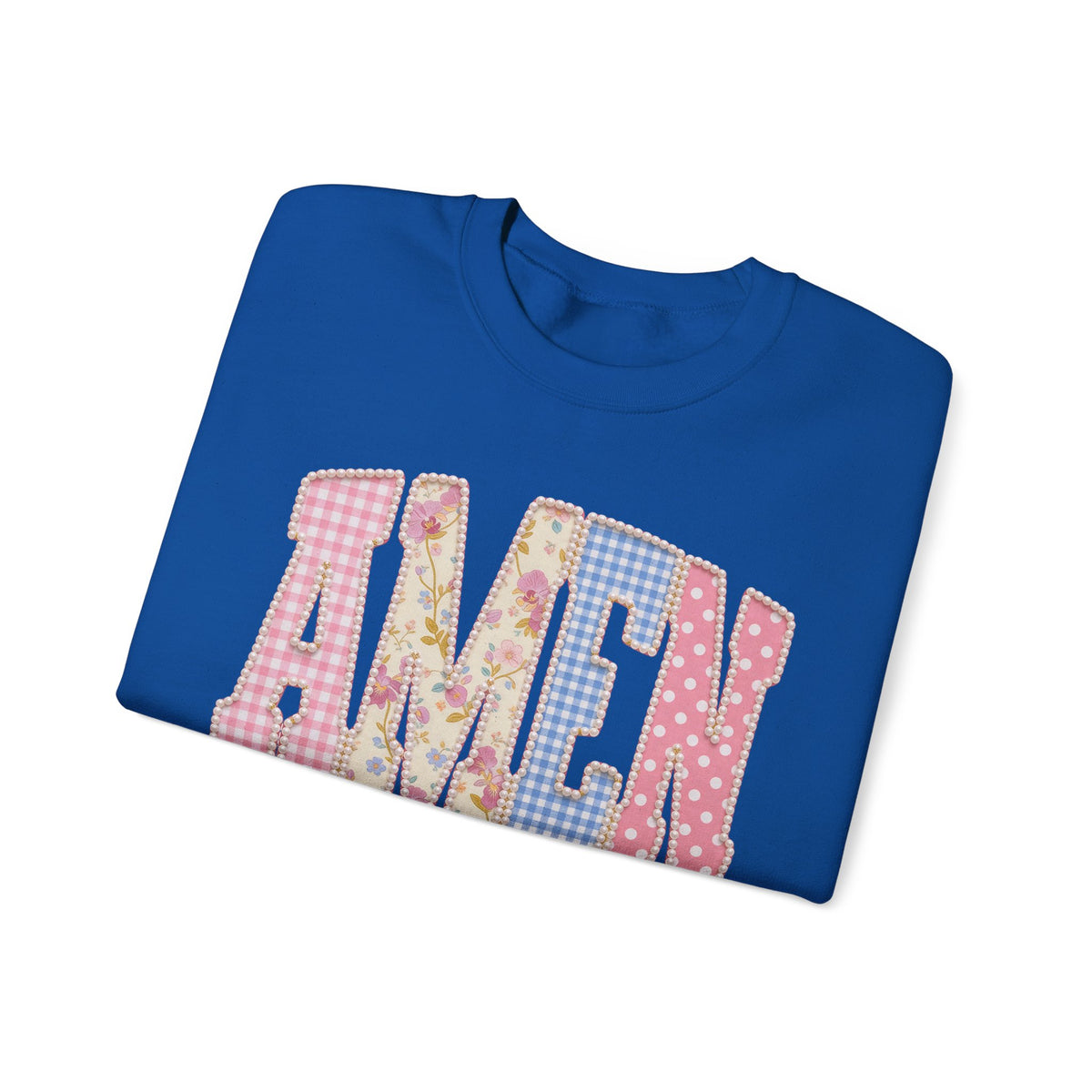 Pastel faux Patchwork AMEN with faux Pearls – Gildan Heavy Blend | Trendy Women’s Soft Sweatshirt. Direct to Garment. Printed & Shipped in the USA. Unisex Sizes.