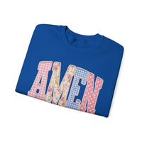Pastel faux Patchwork AMEN with faux Pearls – Gildan Heavy Blend | Trendy Women’s Soft Sweatshirt. Direct to Garment. Printed & Shipped in the USA. Unisex Sizes.