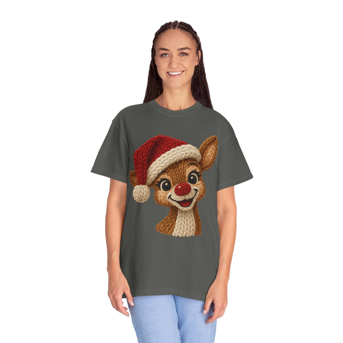 Cute Rudolph Faux Knit Look Reindeer w/Santa Hat - Comfort Colors | Trendy Women's T-Shirt. Direct to Garment. Printed & Shipped in the USA. Unisex Sizes.
