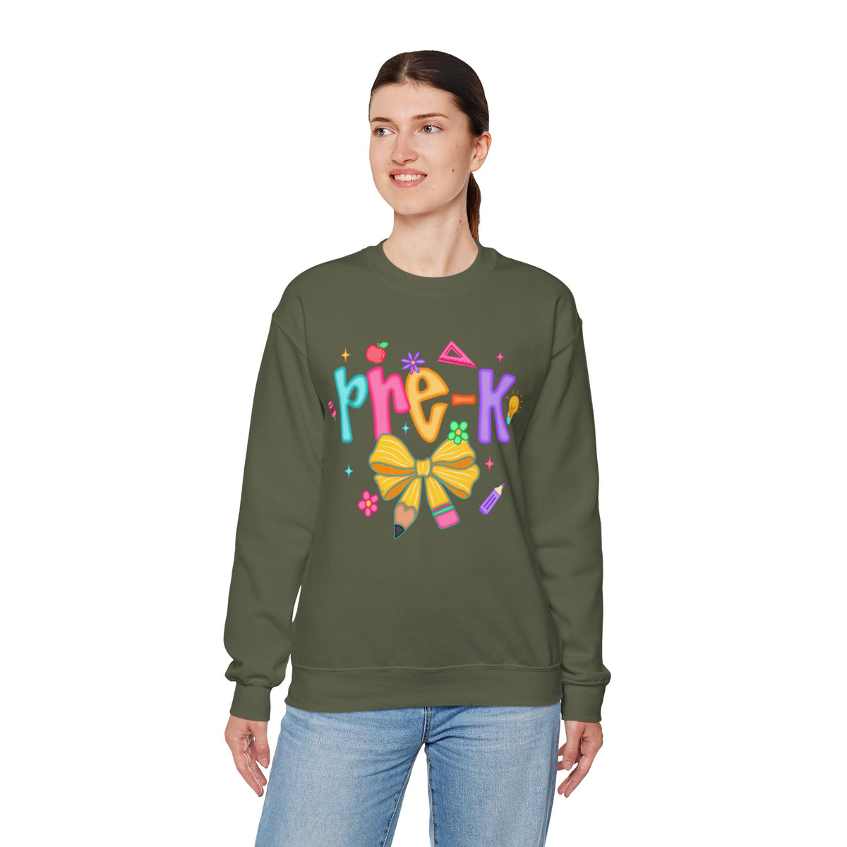 Coquette Pre-K Pencil Bow – Gildan Heavy Blend | Trendy Women’s Soft Sweatshirt. Direct to Garment. Printed & Shipped in the USA. Unisex Sizes.