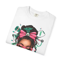 Nurse Life Messy Bun, Cute Stethoscope & Syringe - Comfort Colors | Trendy Women's T-Shirt. Direct to Garment. Printed & Shipped in the USA. Unisex Sizes.