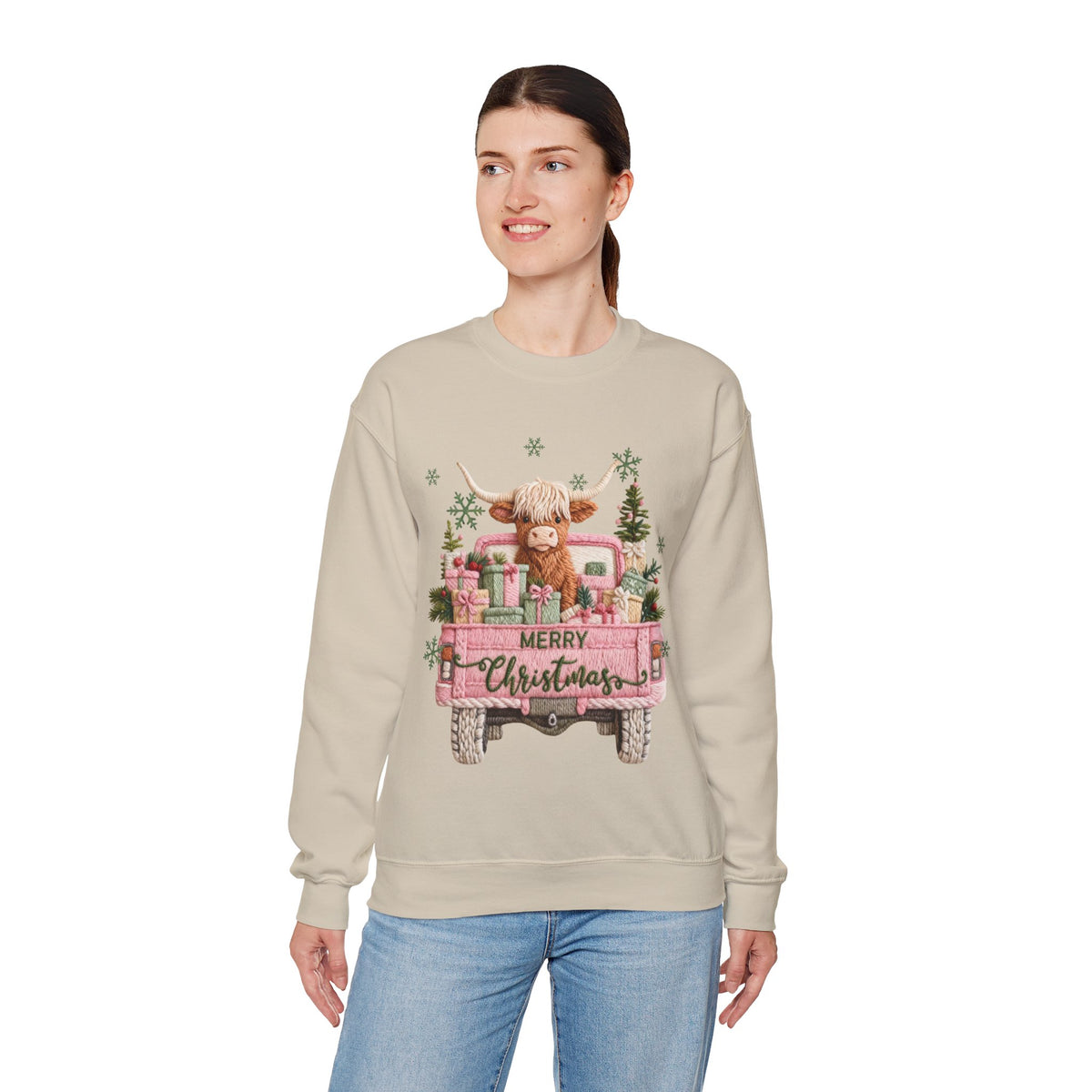 Highland Cow in Pink Truck Merry Christmas Holiday Farmhouse – Gildan Heavy Blend | Trendy Women’s Soft Sweatshirt. Direct to Garment. Printed & Shipped in the USA. Unisex Sizes.