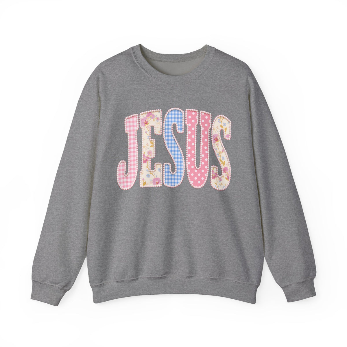 JESUS Pastel Faux Patchwork – Gildan Heavy Blend | Trendy Women’s Soft Sweatshirt. Direct to Garment. Printed & Shipped in the USA. Unisex Sizes.