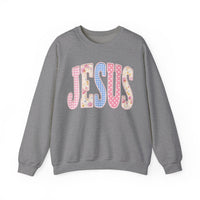 JESUS Pastel Faux Patchwork – Gildan Heavy Blend | Trendy Women’s Soft Sweatshirt. Direct to Garment. Printed & Shipped in the USA. Unisex Sizes.