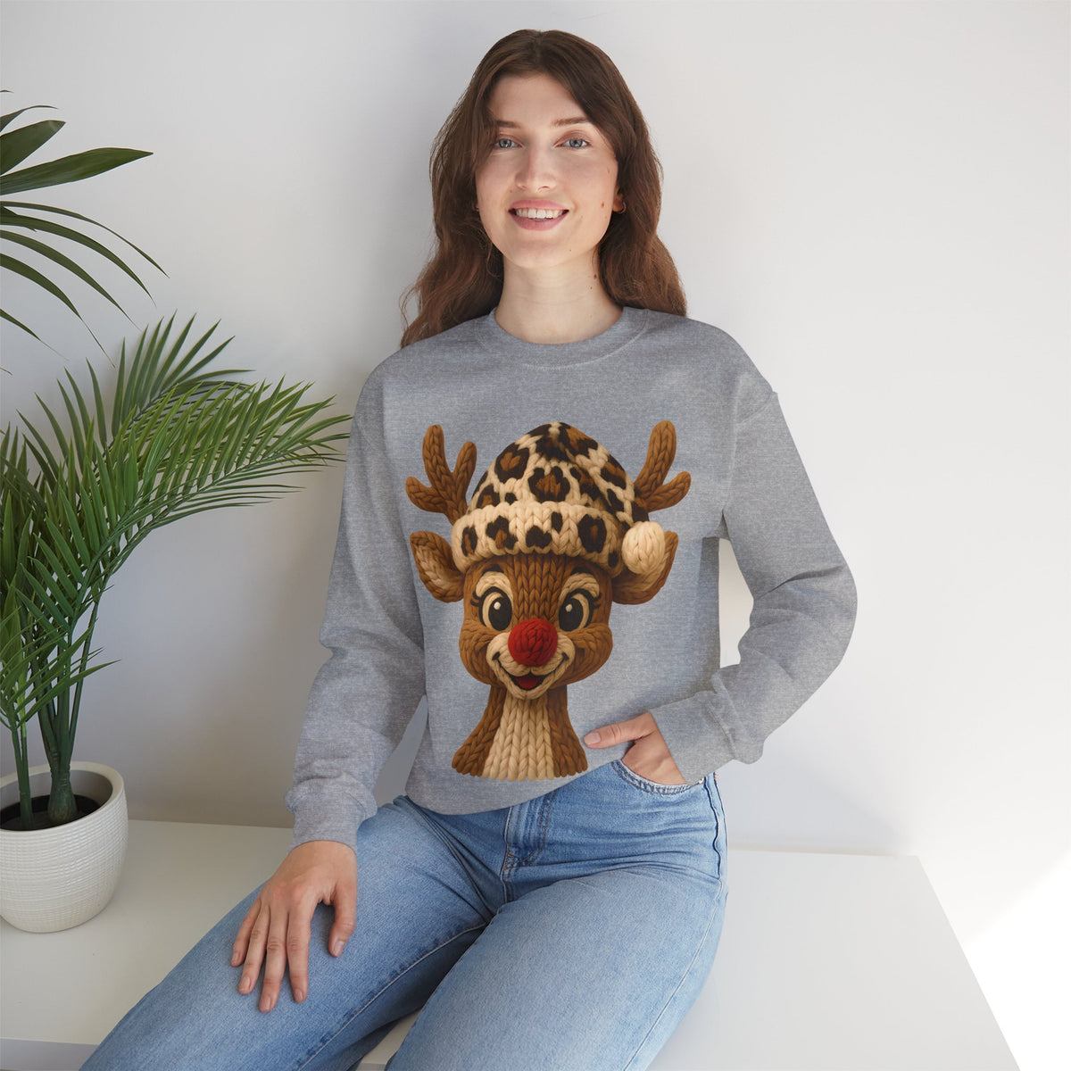 Rudolph Reindeer Leopard Santa Hat Christmas – Gildan Heavy Blend | Trendy Women’s Soft Sweatshirt. Direct to Garment. Printed & Shipped in the USA. Unisex Sizes.