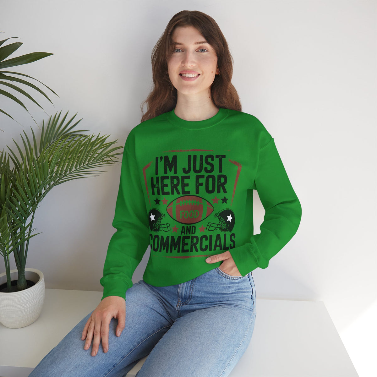 I'm Just Here for Food and Commercials – Gildan Heavy Blend | Trendy Women’s and Men's Soft Sweatshirt. Direct to Garment. Printed & Shipped in the USA. Unisex Sizes.
