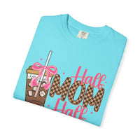 Half Mom Half Coffee. Cute Leopard Print Coffee Design - Comfort Colors | Trendy Women's T-Shirt. Direct to Garment. Printed & Shipped in the USA. Unisex Sizes.