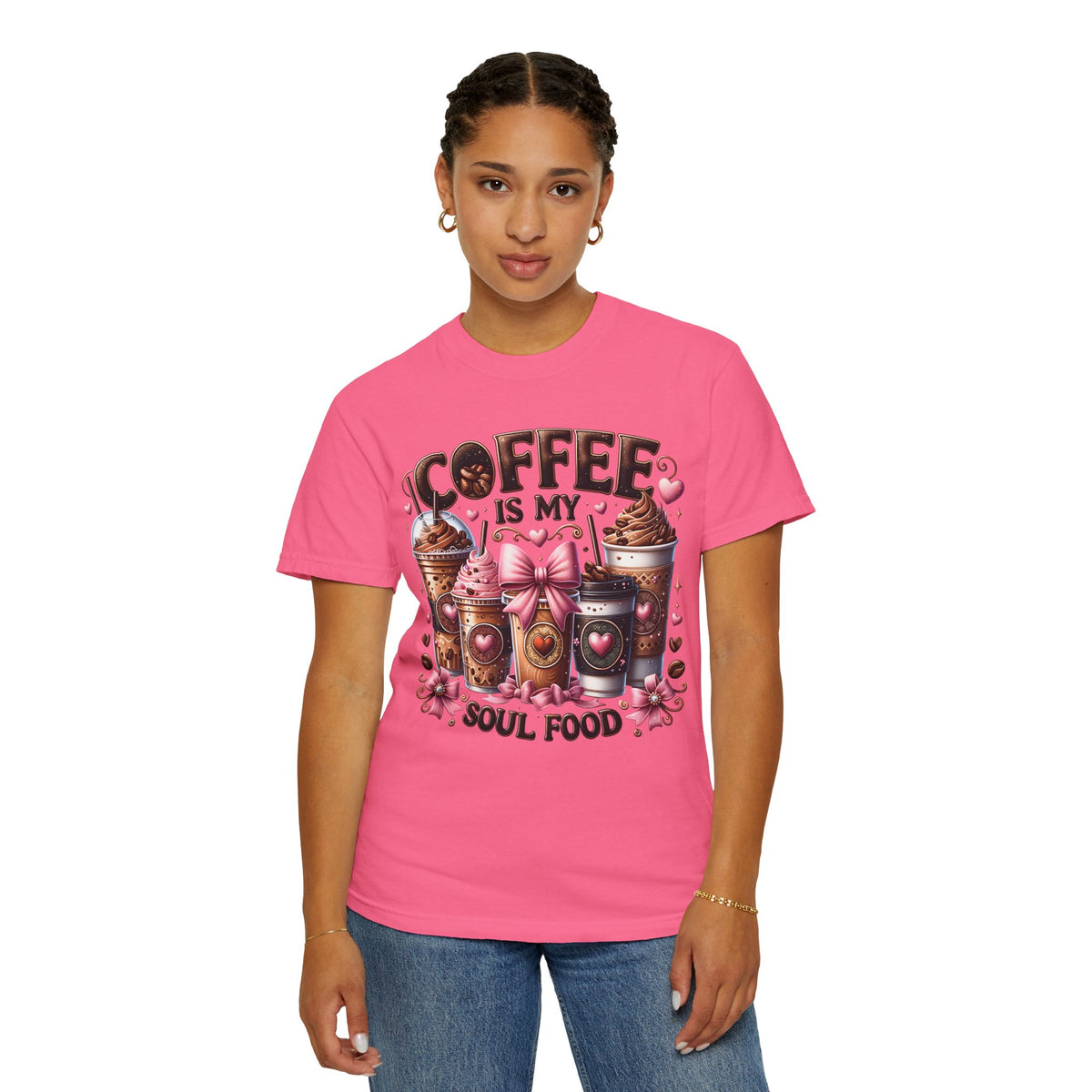 Coffee Is My Soul Food, Iced Coffee, Pink Bow - Comfort Colors | Trendy Women's T-Shirt. Direct to Garment. Printed & Shipped in the USA. Unisex Sizes.