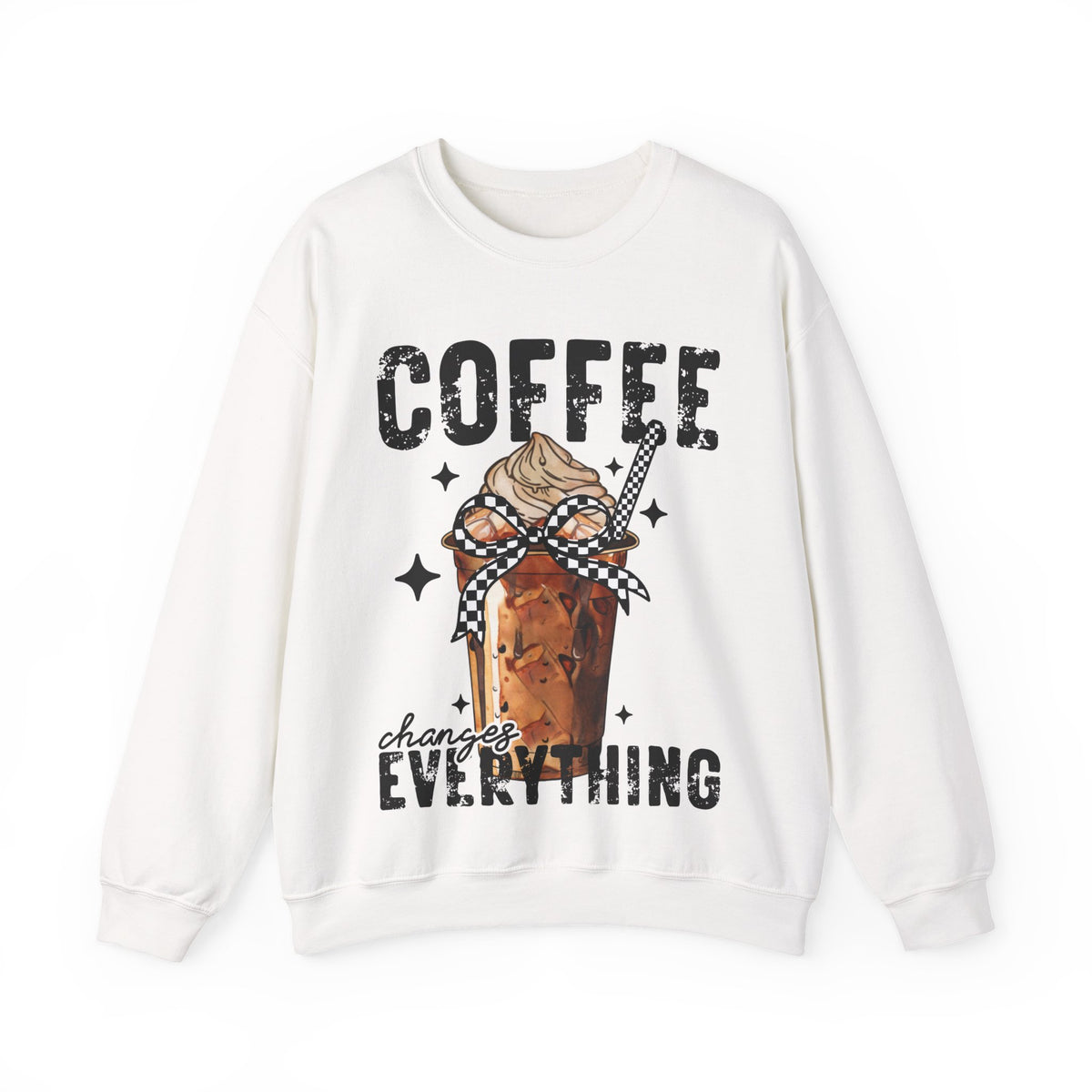 Coffee Changes Everything, Iced Coffee, Coffee Lovers – Gildan Heavy Blend | Trendy Women’s Soft Sweatshirt. Direct to Garment. Printed & Shipped in the USA. Unisex Sizes.