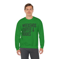 Weekends, Coffee & Books, Vintage – Gildan Heavy Blend | Trendy Women’s and Men's Soft Sweatshirt. Direct to Garment. Printed & Shipped in the USA. Unisex Sizes.