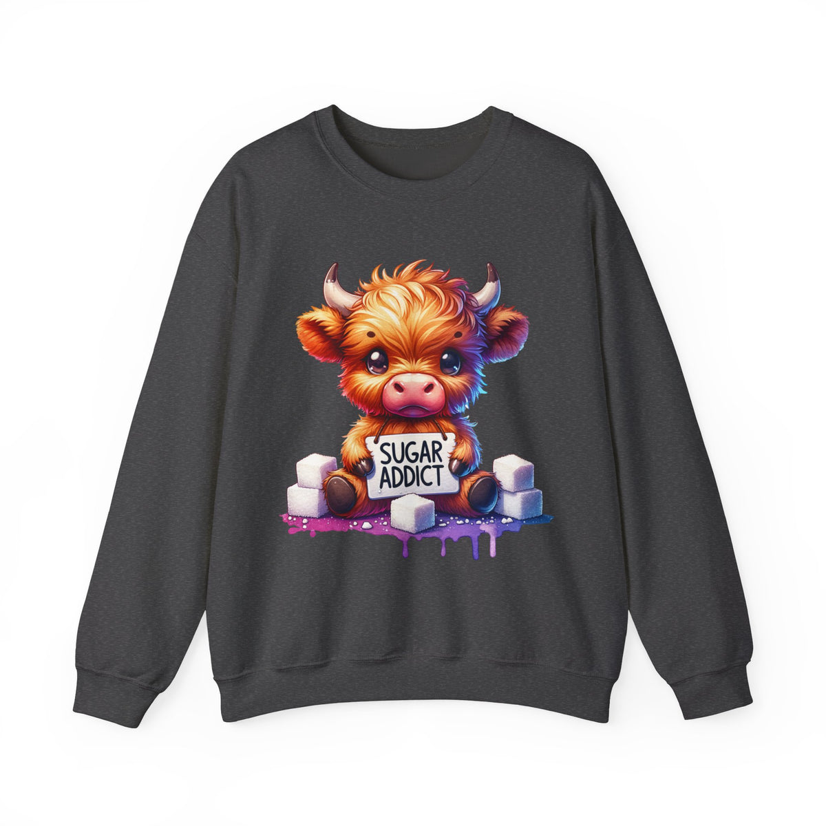 Sugar Addict Highland Cow – Gildan Heavy Blend | Trendy Women’s Soft Sweatshirt. Direct to Garment. Printed & Shipped in the USA. Unisex Sizes.