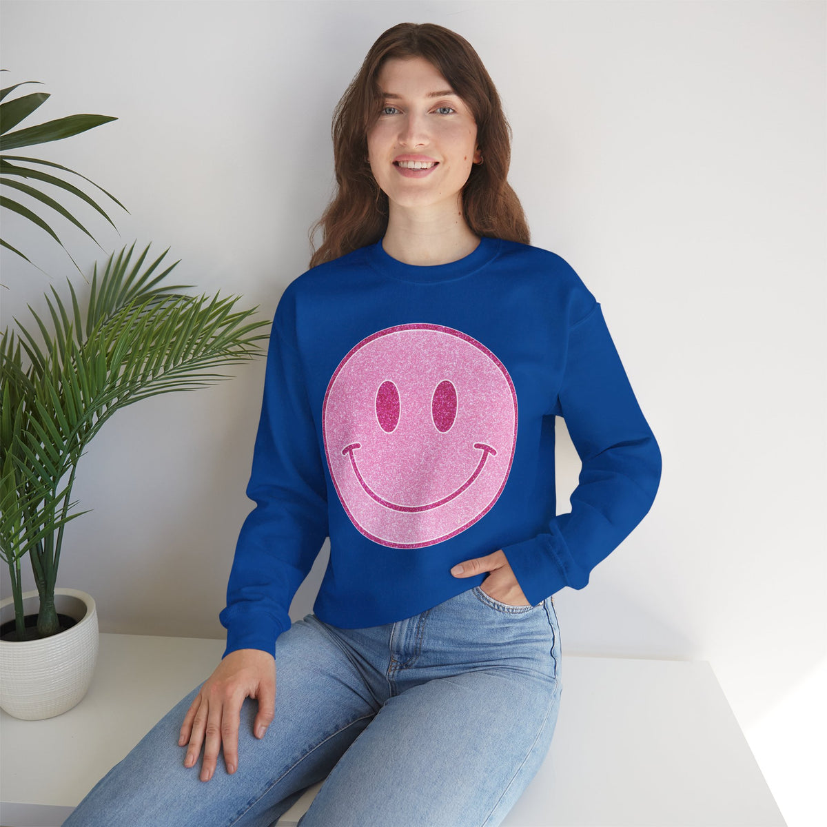 Glitter Smiley – Gildan Heavy Blend | Trendy Women’s Soft Sweatshirt. Direct to Garment. Printed & Shipped in the USA. Unisex Sizes.