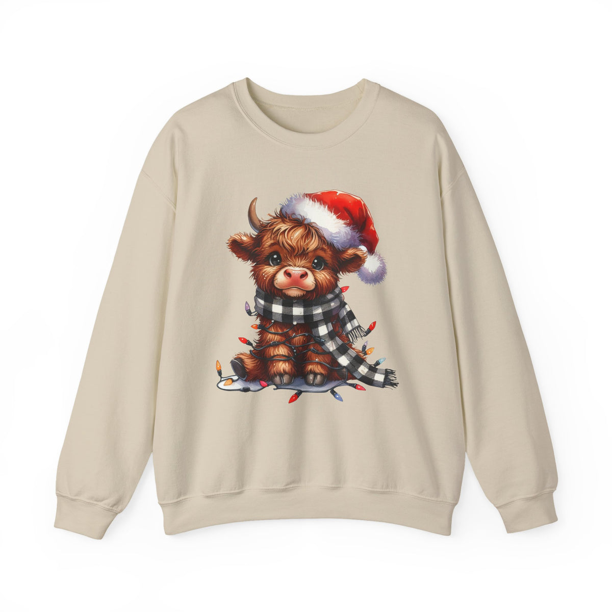 Cute Highland Cow Santa Hat Scarf Christmas Lights – Gildan Heavy Blend | Trendy Women’s Soft Sweatshirt. Direct to Garment. Printed & Shipped in the USA. Unisex Sizes.