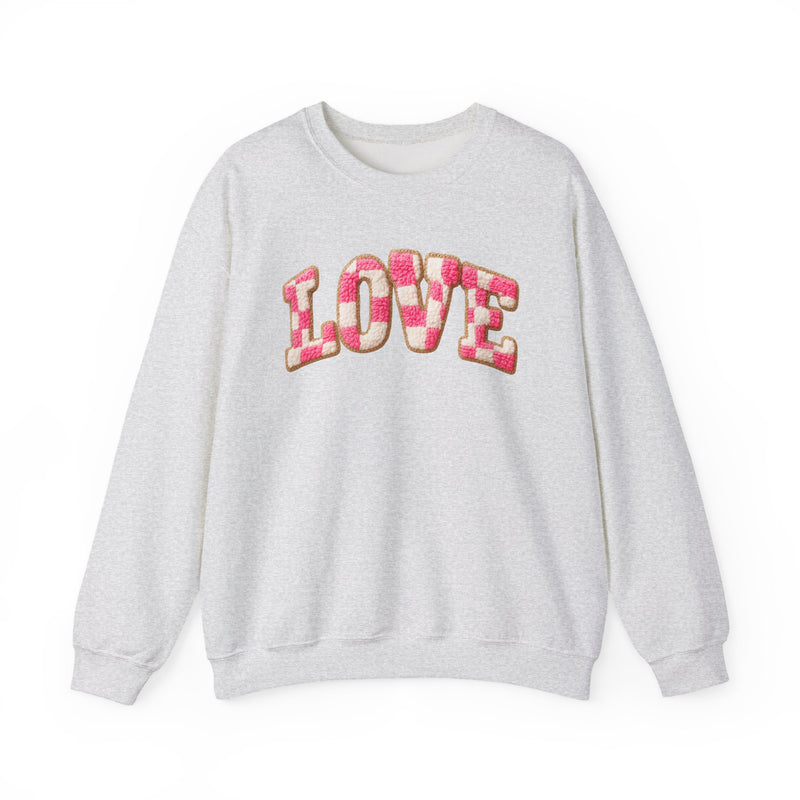 Faux Crochet Checkered LOVE – Gildan Heavy Blend | Trendy Women’s Soft Sweatshirt. Direct to Garment. Printed & Shipped in the USA. Unisex Sizes.