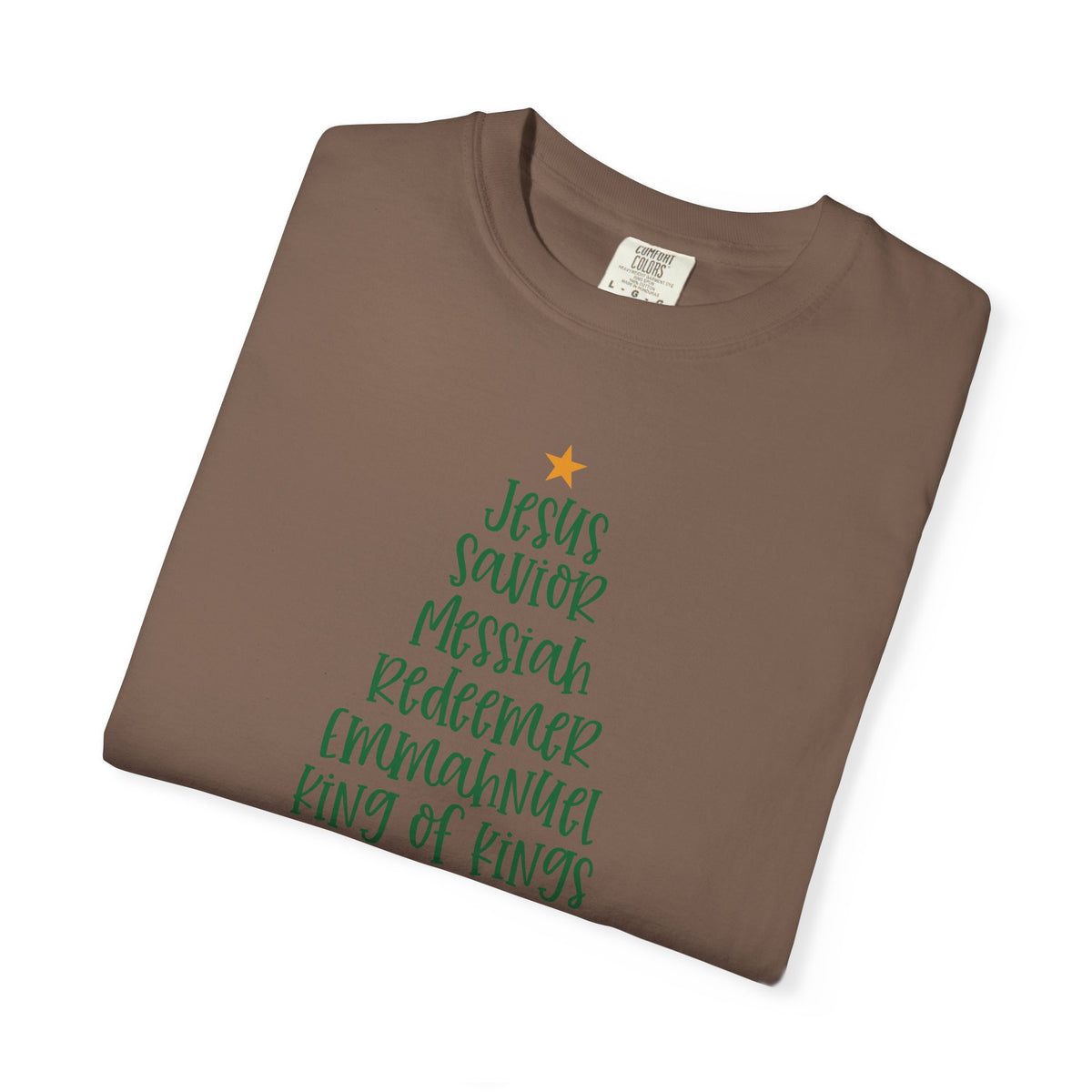 Jesus Name Christmas Tree - Comfort Colors | Trendy Women's T-Shirt. Direct to Garment. Printed & Shipped in the USA. Unisex Sizes.