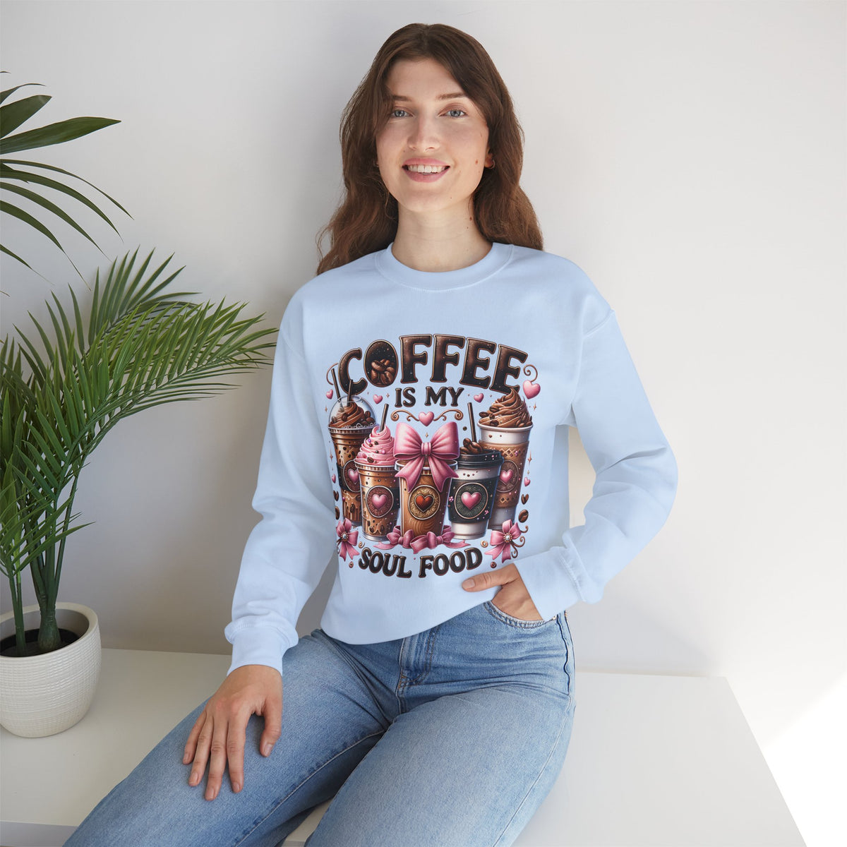 Coffee Is My Soul Food, Iced Coffee, Pink Bow – Gildan Heavy Blend | Trendy Women’s Soft Sweatshirt. Direct to Garment. Printed & Shipped in the USA. Unisex Sizes.