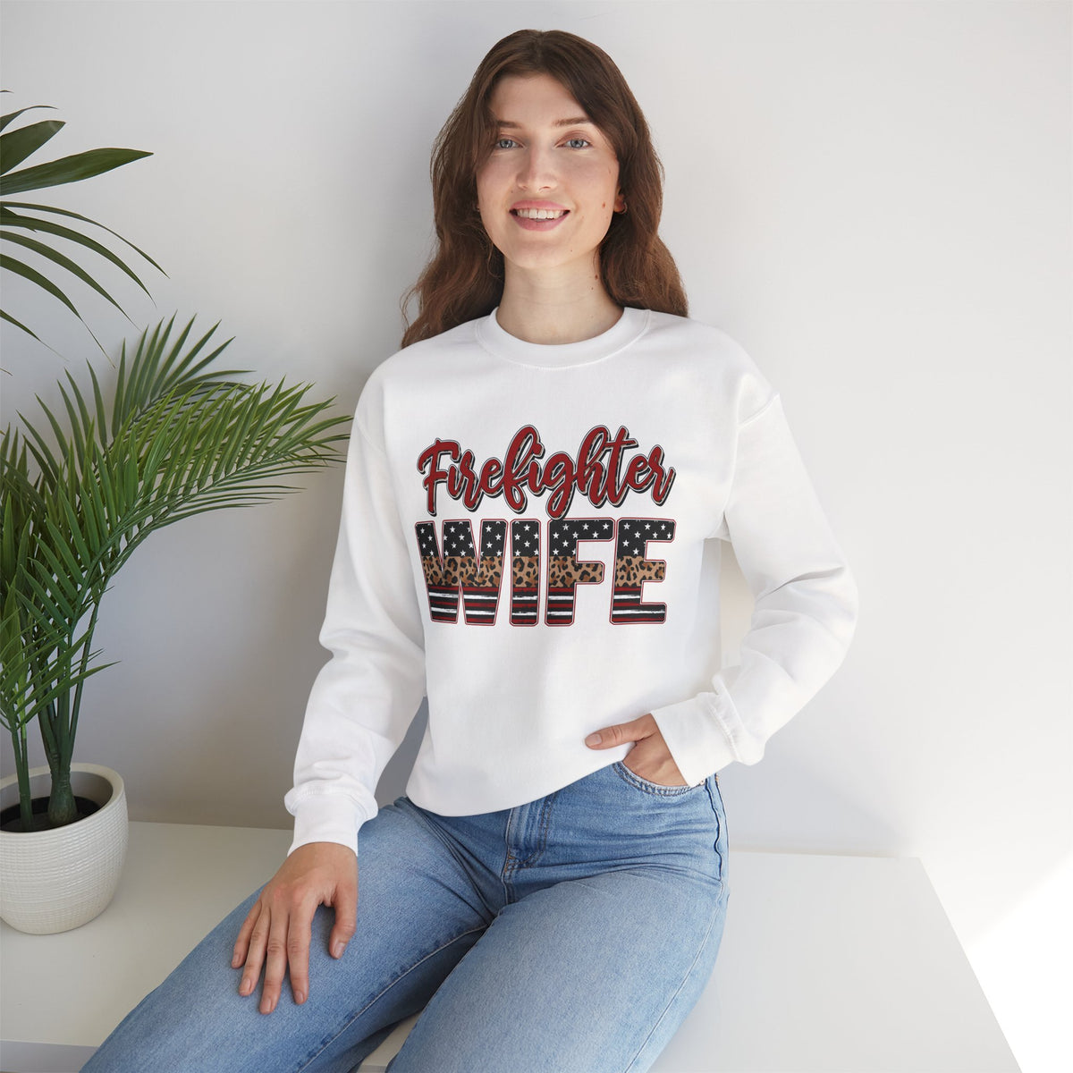 Firefighter Wife Patriotic Flag Lettering for Firefighter Spouse – Gildan Heavy Blend | Trendy Women’s Soft Sweatshirt. Direct to Garment. Printed & Shipped in the USA. Unisex Sizes.