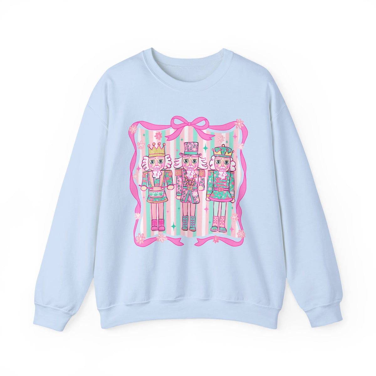 Coquette Pastel Christmas Nutcracker Trio Pink and Green – Gildan Heavy Blend | Trendy Women’s Soft Sweatshirt. Direct to Garment. Printed & Shipped in the USA. Unisex Sizes.
