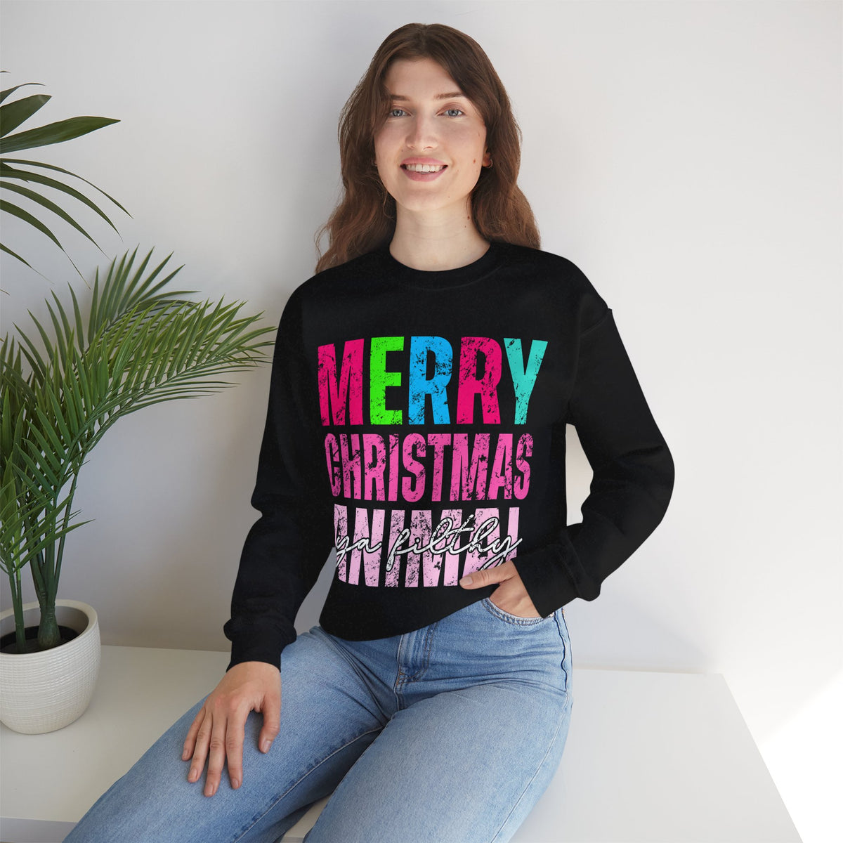 Merry Christmas Ya Filthy Animal – Gildan Heavy Blend | Trendy Women’s Soft Sweatshirt. Direct to Garment. Printed & Shipped in the USA. Unisex Sizes.