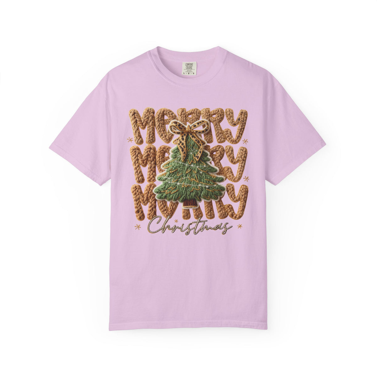 Merry Merry Merry Christmas, Faux Latch Hook Yarn - Comfort Colors | Trendy Women's T-Shirt. Direct to Garment. Printed & Shipped in the USA. Unisex Sizes.